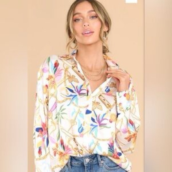 Aura White Cream Graphic Relaxed Button Down Shirt - Picture 1 of 7